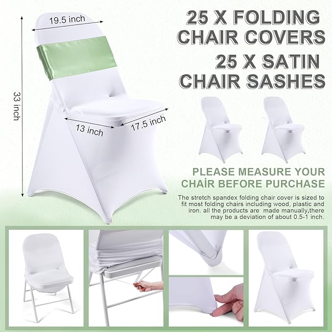Lounsweer 50 Pcs Folding Chair Cover Set with 25 Stretch Spandex Slipcovers 25 Satin Chair Sashes Bows Ribbon Washable Banquet Protector for Wedding Event Party(White, Sage Green)
