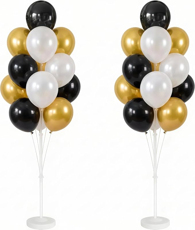 Balloon Column Kit Set of 2 With Balloons Included - Balloon Tower with Stand, Base, and Pole,Backdrop Decoration for Wedding, Baby Shower, Birthday Party, or Bachelorette Parties (Black Gold White)