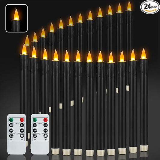 wemarry 24 Pcs Black Flameless Taper Candles with Remote, 10" Black Battery Operated Led Candlesticks with Flickering 3D Flame, Fake Taper Candles for Halloween Anniversaries Dinner Home Décor