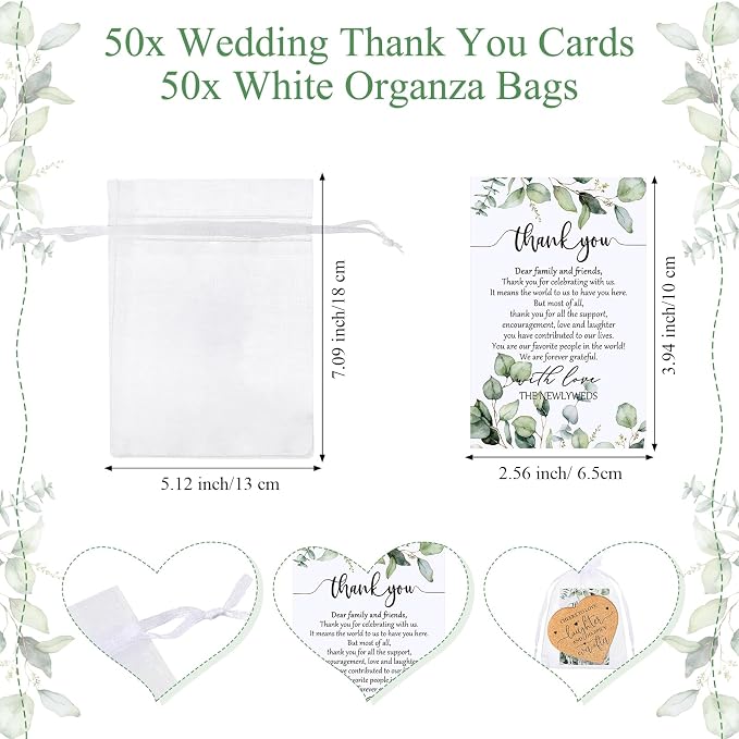 Uiifan 100 Set Wedding Favors for Guest Coaster Gifts Bulk Heart Shaped Coasters Thank You Cards Organza Bags Guest Souvenirs for Wedding Party Bridal Favors