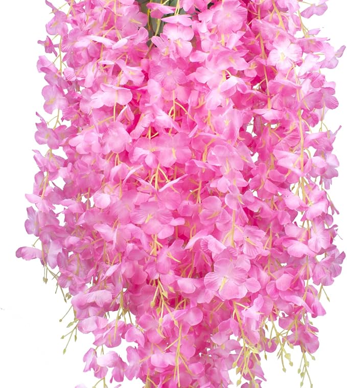 AITISOR 12 Pack Artificial Flowers Silk Wisteria Vine Ratta Hanging Flower (Pink)
