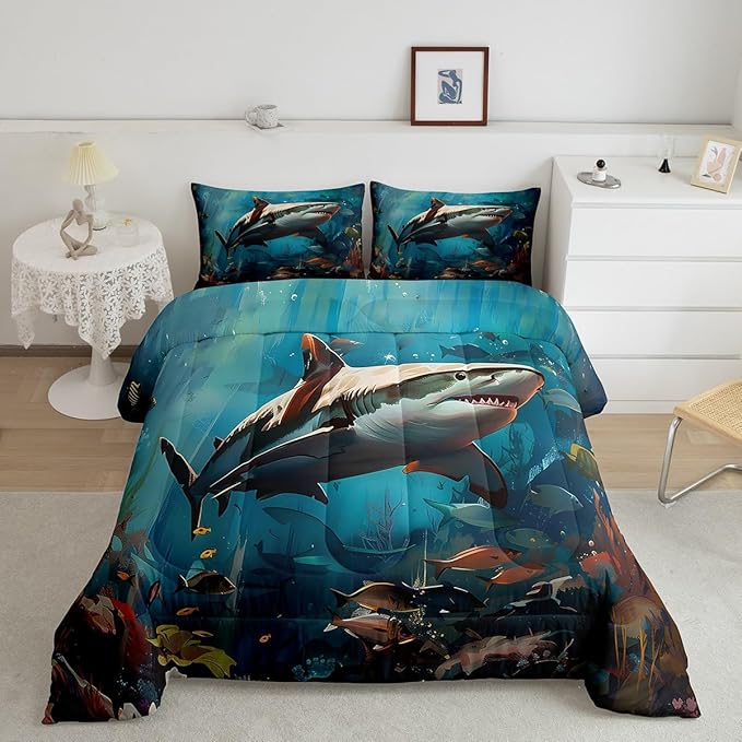 Feelyou Shark Comforter Set Queen Size Kids Marine Animals Comforter for Boys Girls Teens Cartoon Nautical Animals Bedding Set Underwater Animal Duvet Set Marine Life Sealife Quilt