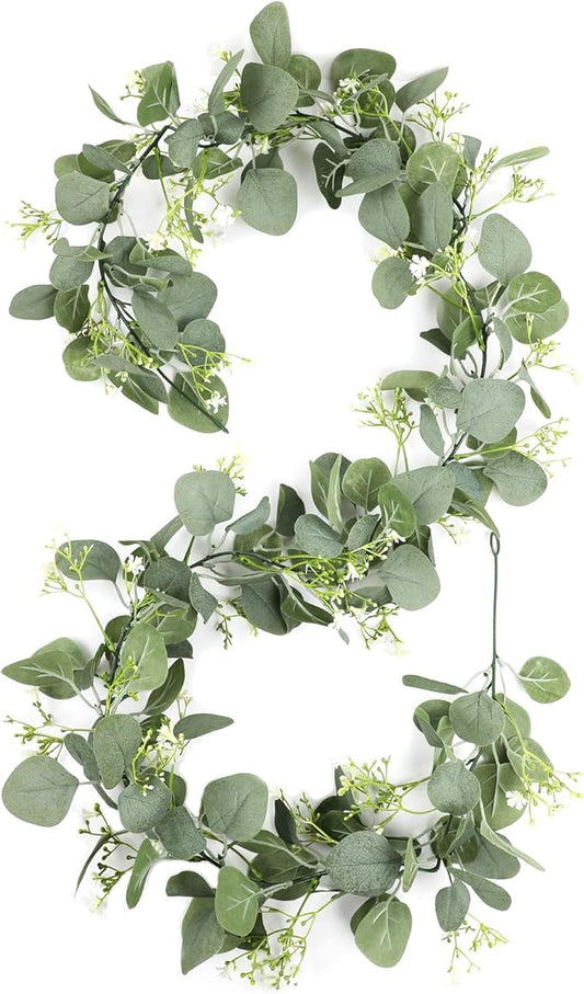 Gypsophila Artificial Eucalyptus Garland 2 Pack, 5.8Ft Faux Baby Breath Flowers Vine, Real Touch Hanging Flower Decor for Wedding Arch Party (White)