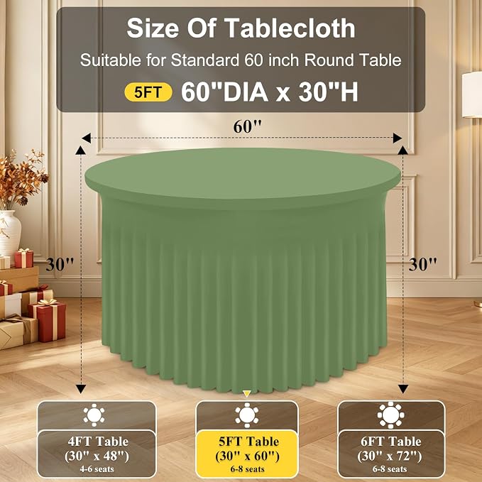Smiry Round Spandex Tablecloth, Elastic Fitted Washable Tablecloths for 60 Round Tables, Waterpoof Stretch Table Cover Skirt for Outdoor, Wedding, Banquet & Parties, Sage Green