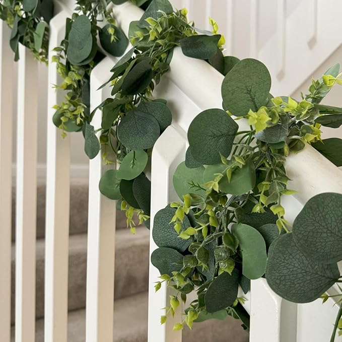 CQURE 3Pcs Eucalyptus Garland,Artificial Eucalyptus Leaves Table Greenery Garland Wreath Vines for Wedding Party Table Fireplace Bedroom Wall Room Decor