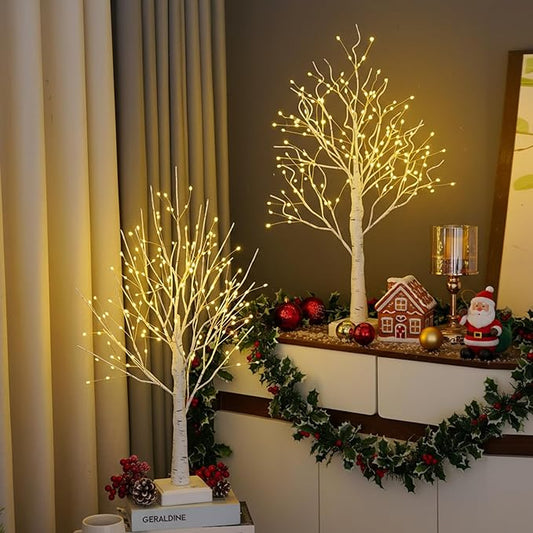 White LED Birch Tree with 144 Warm White Lights, 24 inch Tabletop Christmas Tree Decor, USB/Battery Powered Timer, 2 Pack for Indoor Holiday Party