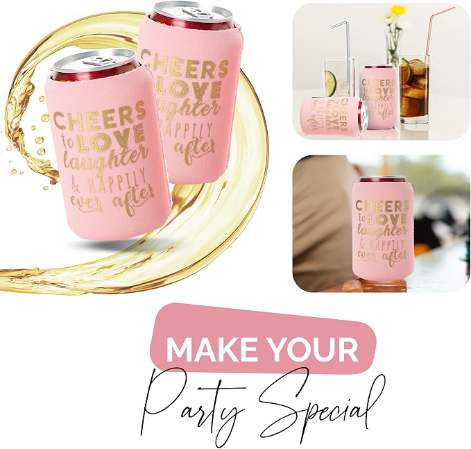Wedding Can Cooler Decorations Set of 12 - Cheers to Love Laughter and Happily Ever After, Wedding Rehearsal Dinner Decorations - Bridal Showers, Engagement Party Favors for Guests and Supplies