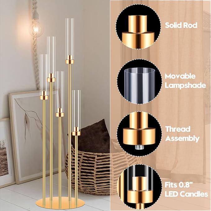 8 Sets Candelabra Centerpieces for Tables,42'' Tall 5 Arms Candlesticks Holder with Lampshade,Wedding Centerpieces,Gold Candle Holders for Wedding,Home Decoration Housewarming Gift,Fit LED Candles
