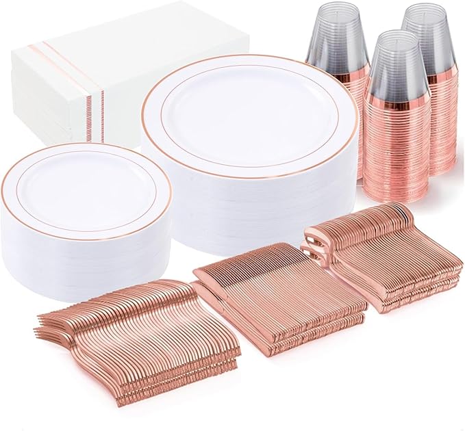 GATHER 350PCS Rose Gold Plastic Plates - Disposable Rose Gold Dinnerware Sets Includes 100 Gold Rimmed Plastic Plates, 150 Silverware, 50 Napkins, 50 Cups for Party, Wedding, Mother's Day