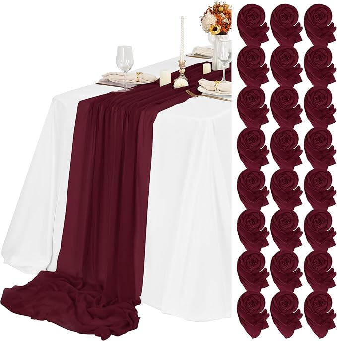 Teruntrue 24 Packs Burgundy Cheesecloth Table Runner,10ft Wine Red Rustic Gauze Boho Wedding Table Runner Decoration, Wedding Table Decor Sheer Table Runner for Wedding Party Bridal Shower Table