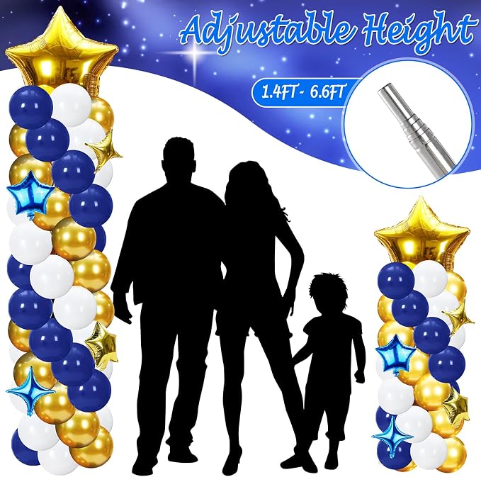Gejoy 110 Pcs Blue Gold Balloons Column Stand Kit Adjustable Tower Stand from 1.4 to 6.6 ft with Bases for Back to School Wedding Birthday Baby Shower Party