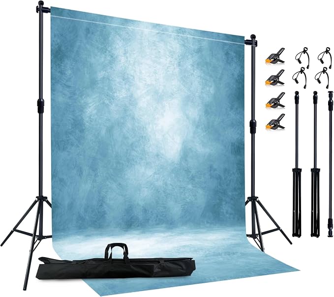 6.5x6.5 ft Photo Backdrop Stand with 6Wx8H ft Abstract Backdrop,Light Blue | 2-in-1 Portable, 6.5Wx6.5H ft Adjustable Stand, 6Wx8H ft Abstract photography background, 8 Clamps, Storage Bag Included
