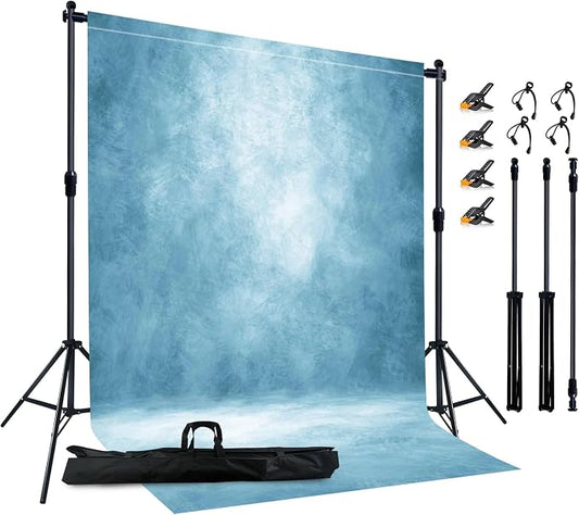 6.5x6.5 ft Photo Backdrop Stand with 6Wx8H ft Abstract Backdrop,Light Blue | 2-in-1 Portable, 6.5Wx6.5H ft Adjustable Stand, 6Wx8H ft Abstract photography background, 8 Clamps, Storage Bag Included