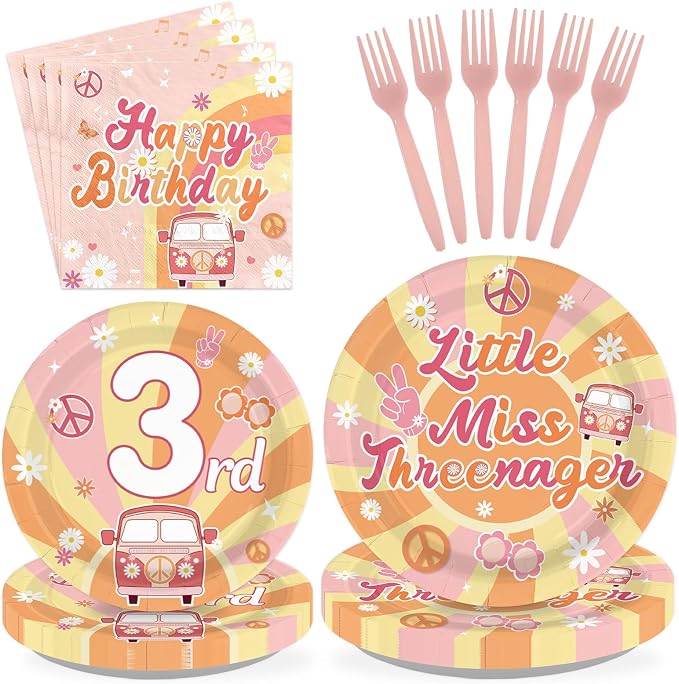 96Pcs Groovy 3rd Birthday Party Decorations Hippie Boho Plates and Napkins Disposable Little Miss Threenager Tableware Sets for Girls 3 Year Old Birthday Hippie Boho Party Supplies, Serve 24