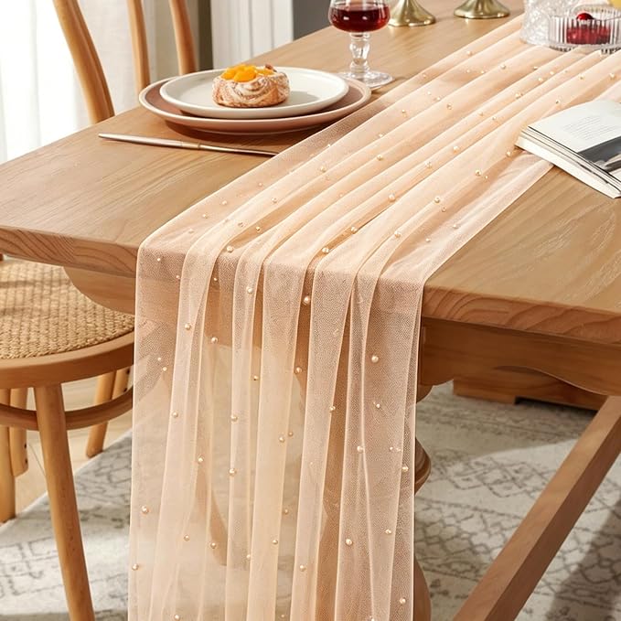 BINBE Pearl Table Runner Spring Summer Rustic Boho 10ft Tulle Table Runner for Baby Shower Wedding Veil Holiday Dessert Table Decor Champagne