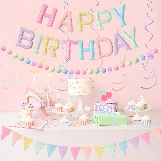 Kriyokiaa Pre-Strung Felt Happy Birthday Banner Pastel Happy Birthday Party Decorations with Pom Pom Garland, Flag and Hanging Swrils for Women Girls Party Decor