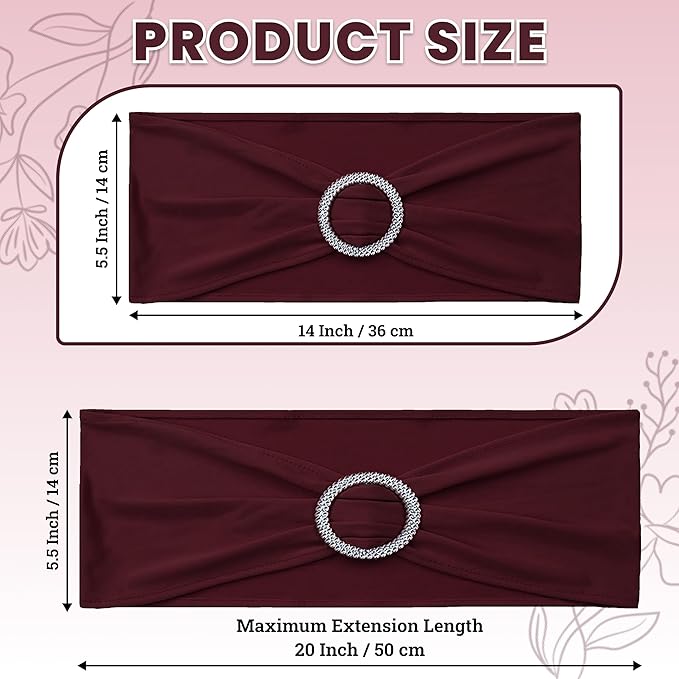 VDS - Burgundy | Spandex Chair Sashes Bows | 200 PCS | Stretch Elastic Banquet Universal Folding Chair Band Tie with Silver Buckle Slider for Wedding Party Conference Celebration Event Decoration