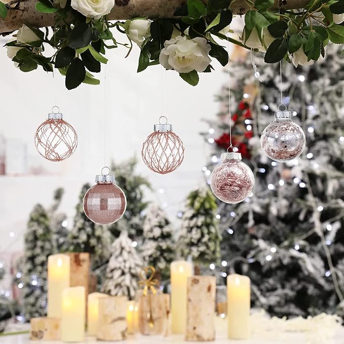 CristBest 30ct Christmas Ball Ornaments-60mm/2.36" Shatterproof Clear Plastic Xmas Balls Baubles Set with Stuffed Delicate Sparkling, Hanging Christmas Tree Decorations(Rose Gold)