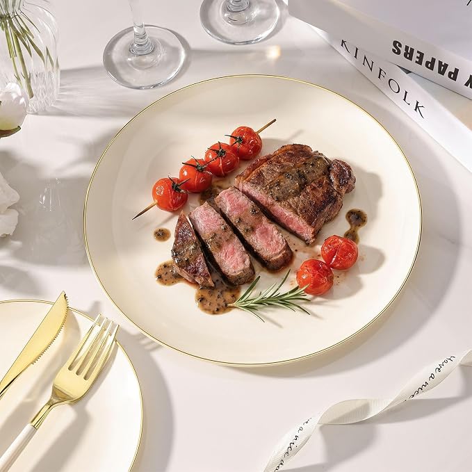 350 PCS lvory Plastic Dinnerware Set, lvory and Gold Rim Disposable Plates for Party, Include 100 lvory Plates with 150 Plastic Cutlery, 50 Napkins and 50 Cups