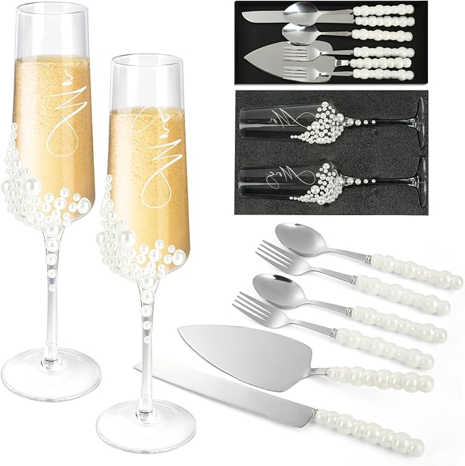 8 PCS Wedding Cake Knife and Champagne Flutes Server Set, Mr and Mrs Champagne Flutes with 2 Forks and 2 Spoons,Bride and Groom Champagne Glasses for Wedding, Engaggement and Bridal Shower Gifts