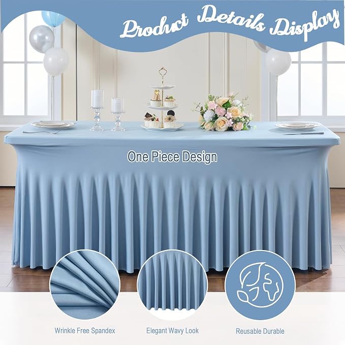 leegleri 6 Pack Dusty Blue Spandex Fitted Table Clothes for 6 Foot Rectangle Tables, Wrinkle Free 6ft Fitted Table Cover, Spandex Table Skirt for 6FT Rectangle Tables-for Banquet Weddings Parties