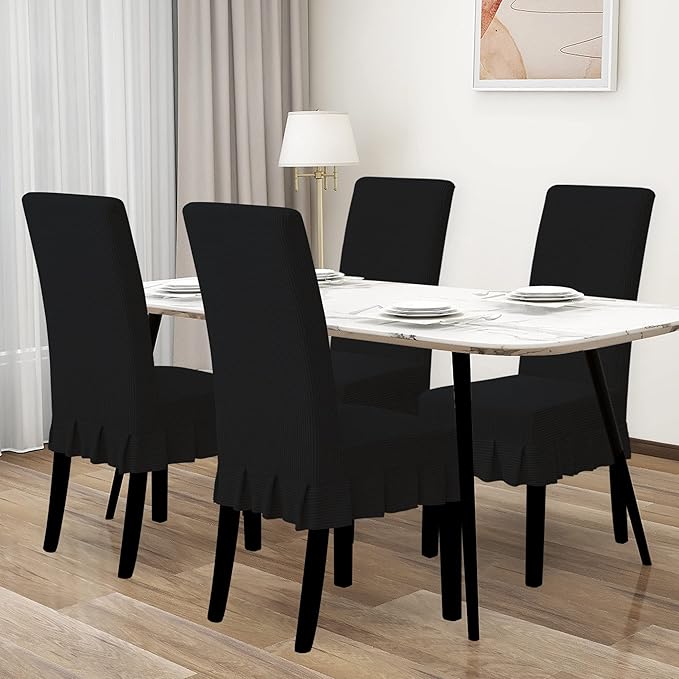 Easy-Going Dining Chair Covers Stretch Parsons Chair Slipcover with Skirt Chair Covers for Dining Room Restaurant Banquet (4 PCS, Black)