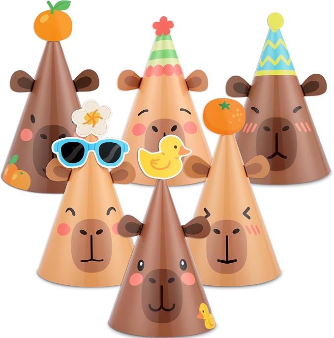 24Pcs Capy Themed Bara Birthday Paper Cone Hats Set Cute Capy Shaped Paper Headwear Party Favors Cute Capy Cone Hats Decorations Cartoon Animal Party Supplies Photo Props for Birthday Baby Shower