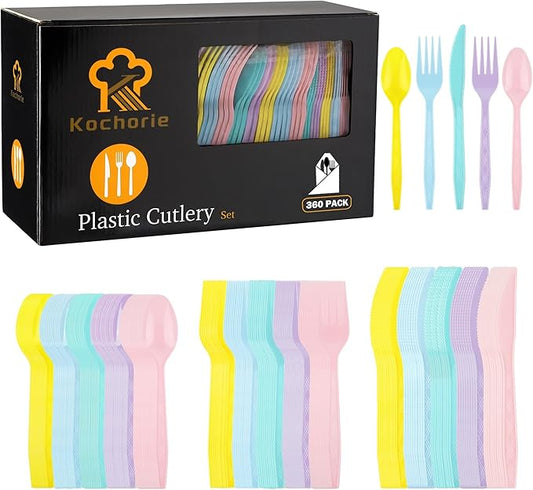 Kochorie 360 Pieces Pastel Plastic Cutlery Set Macaron Colors Disposable Plastic Utensils Colorful Heavy Duty Flatware Set Include 120 Knives 120 Forks 120 Spoons for Easter Birthday Tea Party Wedding