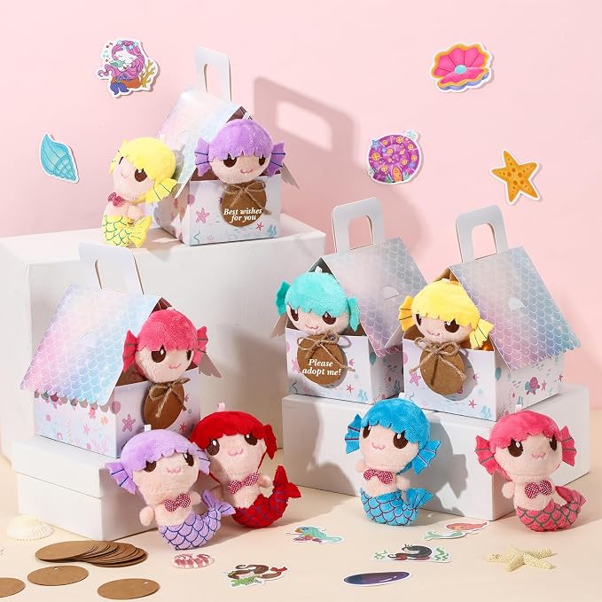 Spakon 100 Pcs Adopt a Mermaid Pet Party Favors Mini Mermaid Plush Toy Assortment with Gift Box House Small Animal Plush Animal Stickers for Kids Goodie Stuffers Pinata School Carnival Prize