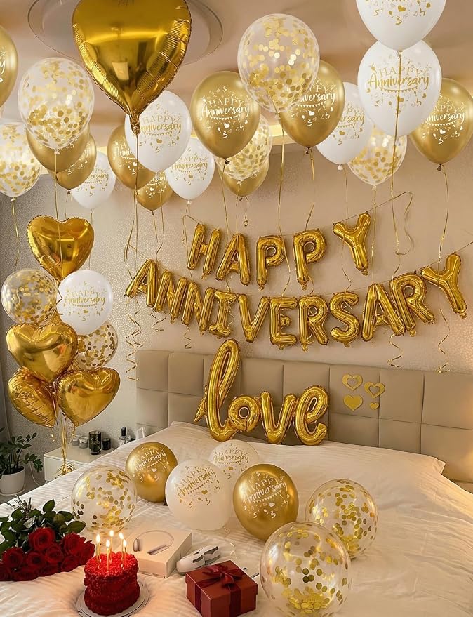 Happy Anniversary Decorations, Gold and White Romantic Balloons Set with Love & Heart Foil Balloons, Happy Anniversary Balloons Banner and Silk Rose Petals for Valentine’s Day & Sweetest Day