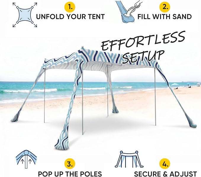 Sekey Aluminum Beach Shade Sun Shelter UPF 50+ - 10x10 FT Portable Beach Canopy with Windproof Rope & Stability Poles, Easy Setup Outdoor Tent for Camping, Backyard, Fishing, Picnics