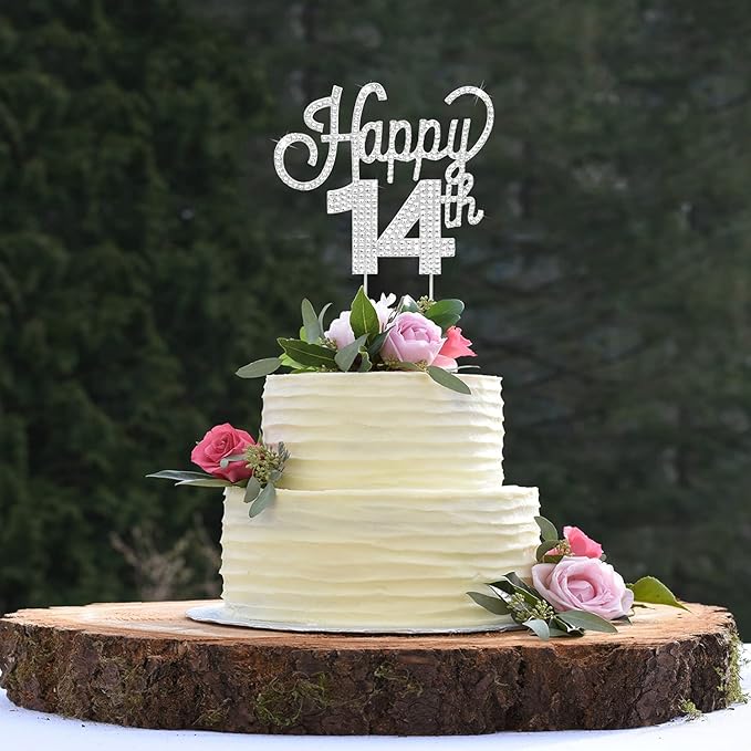 LINGTEER Happy 14th Birthday Silver Rhinestone Cake Topper - Cheers to 14th Birthday Fourteen Years Old Party Cake Centerpieces Topper Decorations Gift Sign.