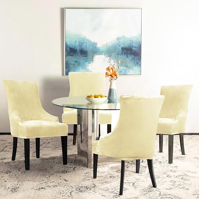 Lellen Velvet Stretch Wingback Chair Cover Slipcover - Reusable Protector Cover for Dining Room Banquet Home Decor etc Machine Washable Hand Washable (Cream, 4PC)
