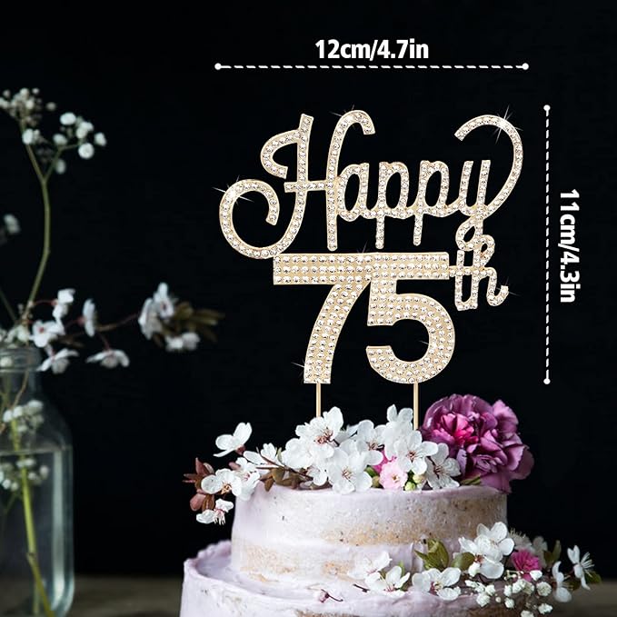 LINGTEER Happy 75th Birthday Gold Rhinestone Cake Topper - Cheers to 75th Birthday 75 Years Old Anniversary Party Cake Centerpieces Topper Decorations Gift Sign.