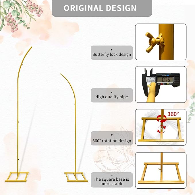 Metal Wedding Arch Stand,Set of 2 Gold Curved Top Arch Backdrop Stand Wedding Arches for Ceremony Birthday Anniversary Baby Shower Floral Stand Background Decoration (Gold,7.8FT & 6.7FT)