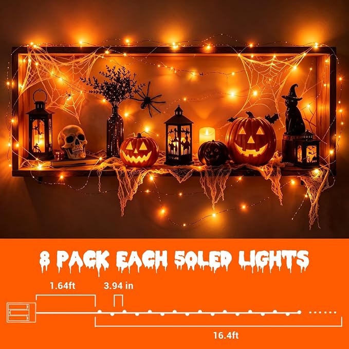 YEGUO Fairy Lights Battery Operated, 8 Packs Each 16ft 50 LED String Lights, 2 Modes Silver Wire Christmas Twinkle Light Indoor for Halloween Bedroom Wedding Party Holiday Gift(Orange)