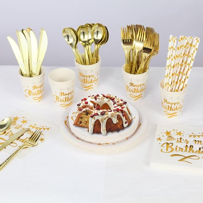 201 Pieces Birthday Plate Set, Birthday Decorations, Includes Paper Plates, Paper Cups, Straws, Napkins, Tablecloths, and Plastic Knives, Forks, and Spoons, Suitable for parties of 25 people!（White）