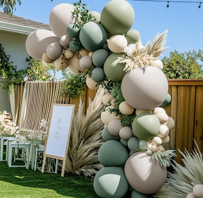 Dusty Green White Sand Balloon Garland - Double Stuffed Light Sage Green White Cream Balloon Arch Kit Latex Olive Beige Balloons for Baby Shower Birthday Woodland Wedding Wild One Party Decor