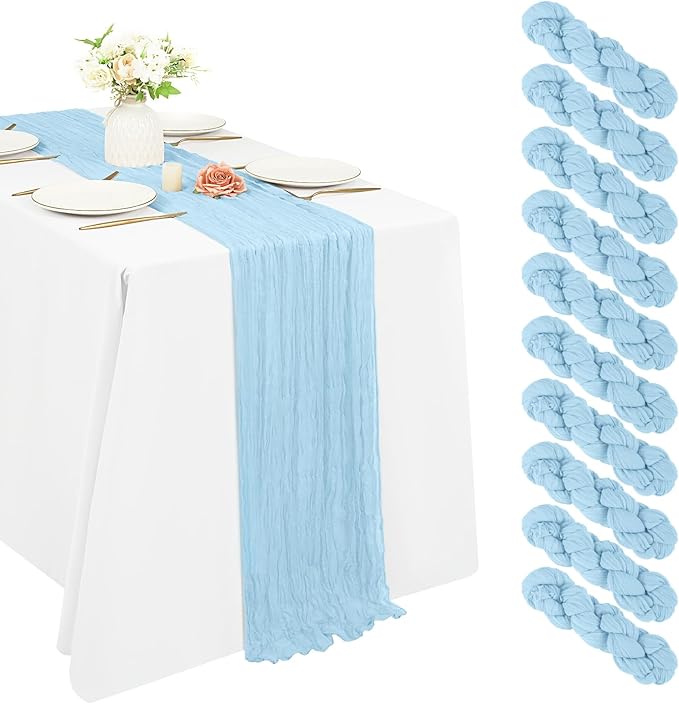 10 Pack Cheesecloth Table Runner 17 x 108 inch Long Boho Gauze Table Runners Semi Sheer Table Runner for Wedding Decor, Baby Shower, Birthday Party, Banquet (Light Blue)