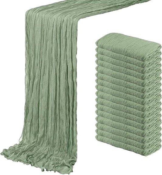 16 Pack Sage Green Cheesecloth Table Runner 20 x 120 inch Gauze Table Runners 10 FT Long,Semi Sheer Boho Cheese Cloth Fabric Table Runner Bulk for Wedding,Party,Baby Shower,Bridal Shower Decoration