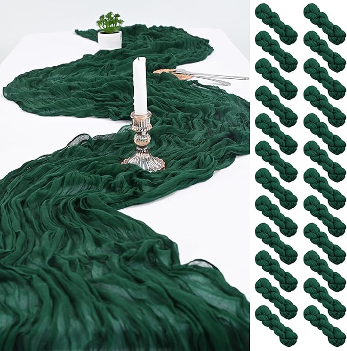 24 Pack Dark Green Cheesecloth Table Runners,10FT Boho Gauze Table Runner,35x120inch Rustic Table Runner for Wedding Party Bridal Shower Thanksgiving Christmas Boho Table Decoration