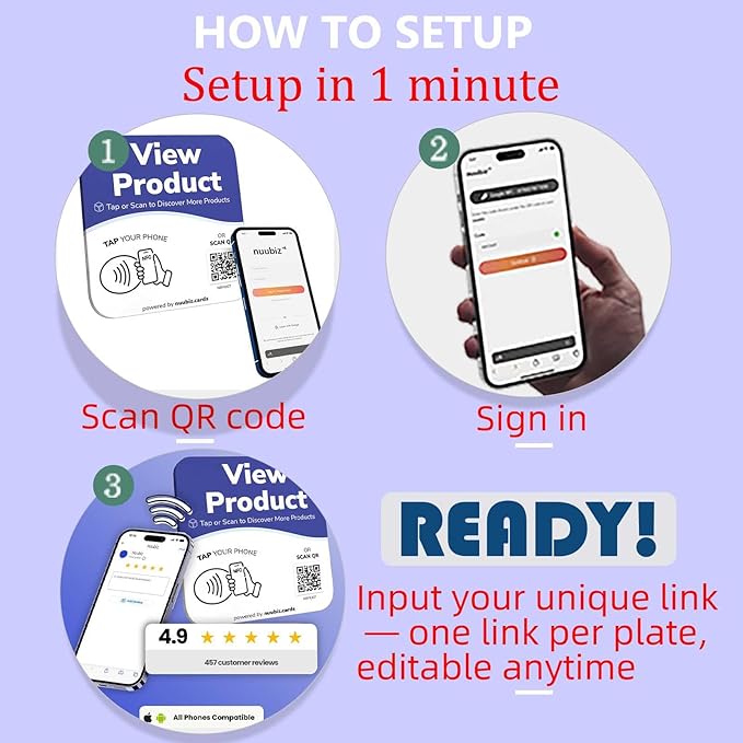 NFC Business QR Code Sign Plate for Linking Your Product Page – Drive Offline Engagement Online – Works Like Review Tap Card & Social Media Sign – No App or Fees – Includes Stand or Adhesive