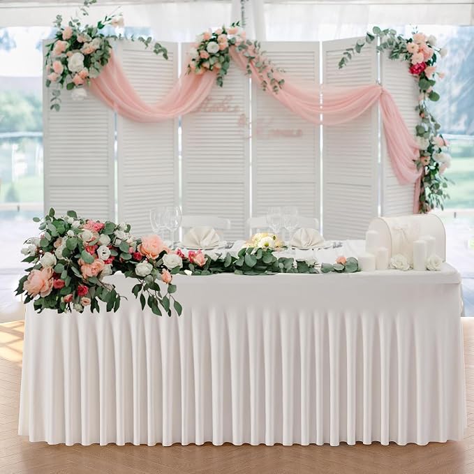 2 Pack Spandex Ivory Table Clothes for 8 Foot Rectangle Tables, Stretch Table Cloth 8ft Fitted Table Cover Desk Skirt for Parties Weddings Birthday Banquet Baby Shower