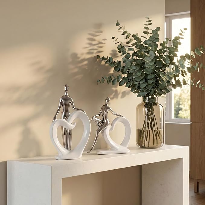 Ceramic Statues Aesthetic Abstract Couple and Heart Sculpture Modern Home Decor Decorative Statue for Living Room Bedroom Bookshelf Table Centerpiece Office (White and Silver)