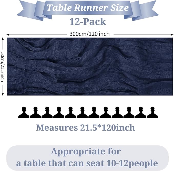 12 Pack Navy Blue Cheesecloth Table Runner, 10FT Cheesecloth Rustic Boho Table Runner Long Romantic Semi Sheer Table Runner for Wedding Birthday Bridal Shower Party Decorations(21.5×120 Inch)