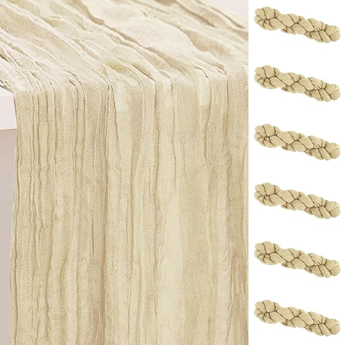 6 Pack Beige Cheesecloth Table Runner 35x120 Inch 10Ft Rustic Gauze Cheese Cloth Table Runner Sheer Cheesecloth Table Runners for Wedding Party Bridal Shower Decoration