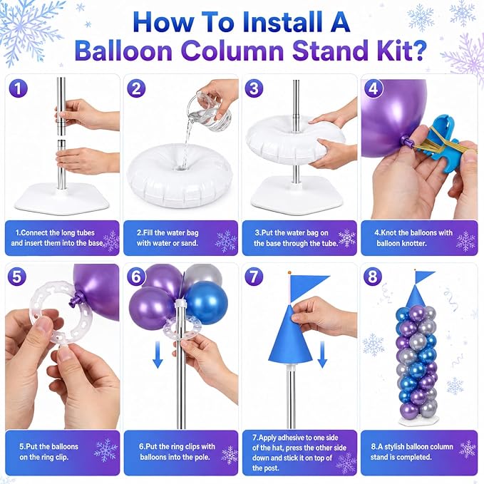 2 Sets Blue Princess Castle Balloon Column Stand Kit with 100 Balloons 2 Tricorne Hat 2 Pennant Snow Party Adjustable Balloon Tower Stand with Bases for Floor Girl Princess Birthday Party Supplies