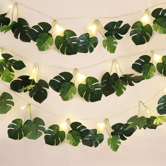 RECUTMS Monstera Leaves String Lights 1P 20LEDs Artificial Tropical Palm Leaf Battery Operated Hanging Rattan Light Faux Greenery Vines for Hawaiian Party Luau Jungle Beach Summer Indoor Outdoor Decor