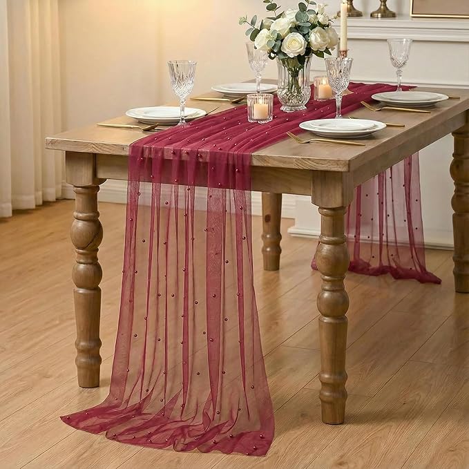 Artoid Mode 3PCS Pearl Burgundy Gauze Table Runner 120 Inch 10FT, Seasonal Sheer Dining Holiday Wedding Birthday Baby Shower Table Decor for Home Party