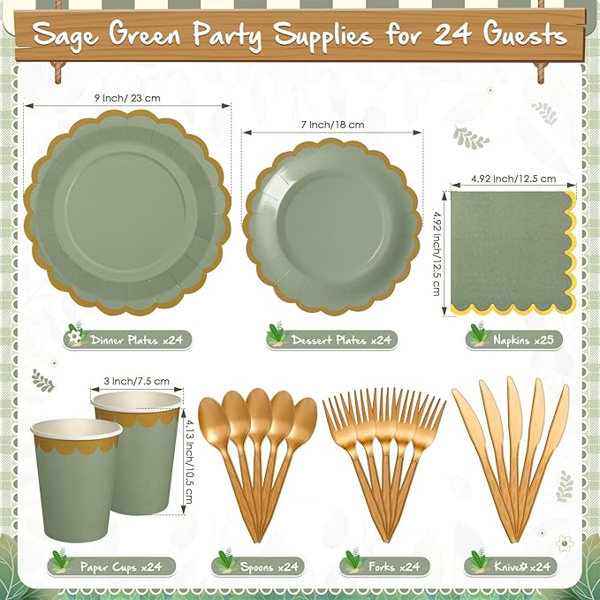 Mimorou 169 Pcs Sage Green Plates and Napkins Party Supplies for Guests Sage Green Tableware Include Scalloped Plates Paper Napkin Cup Spoon Fork Knife for Baby Shower, Wedding, Birthday